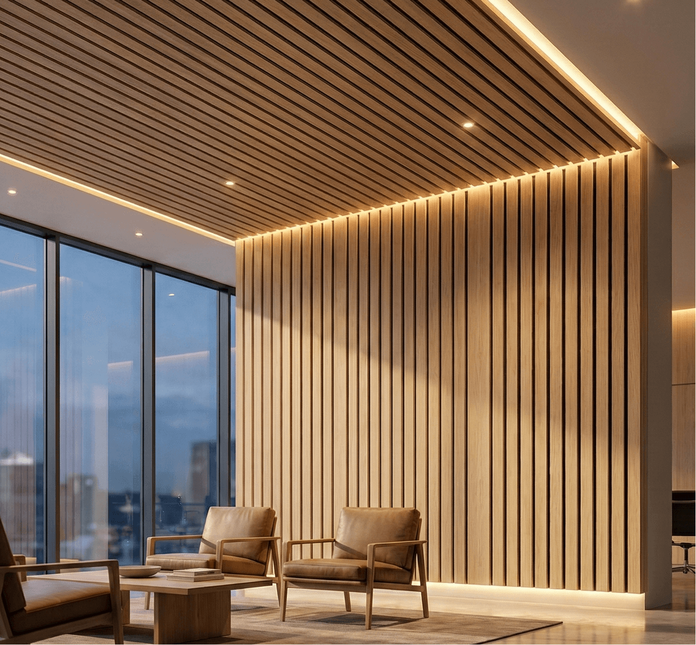 Conference and collaboration space with fabric-wrapped acoustic wall panels